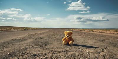 ai generado. ai generativo. solitario roto perdido oso animal juguete juego en el la carretera. triste ambiente antecedentes. gráfico Arte foto