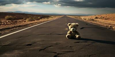 ai generado. ai generativo. solitario roto perdido oso animal juguete juego en el la carretera. triste ambiente antecedentes. gráfico Arte foto