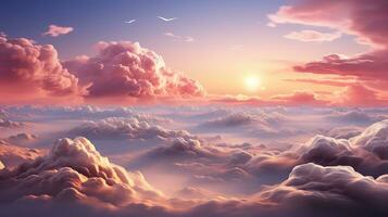 AI Generated. AI Generative. Sky clouds air drone view soft pink color background landscape. Adventure trip travel outdoor fly. Graphic Illustration photo