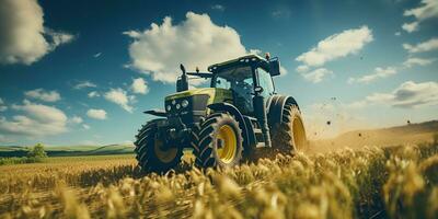 ai generado. ai generativo. tractor combinar máquina cosecha campo agricultura. naturaleza al aire libre prado paisaje máquina industria. gráfico Arte foto