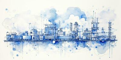 AI Generated. AI Generative. Abstract geometric factory pipeline industry drawing background in blue clouds. Graphic Art photo