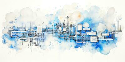 AI Generated. AI Generative. Abstract geometric factory pipeline industry drawing background in blue clouds. Graphic Art photo