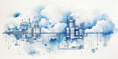 AI Generated. AI Generative. Abstract geometric factory pipeline industry drawing background in blue clouds. Graphic Art photo