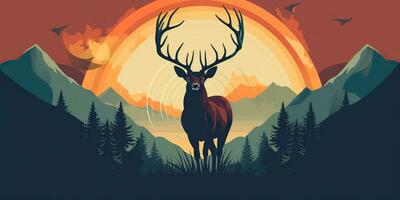 AI Generated. AI Generative. Nature outdoor forest mountain deer animal background. Adventure trekking hunting landscape background poster. Graphic Art photo