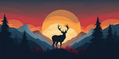 AI Generated. AI Generative. Nature outdoor forest mountain deer animal background. Adventure trekking hunting landscape background poster. Graphic Art photo