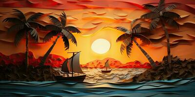 AI Generated. AI Generative. Sunset island tropical paradise palms sea ocean vacation boat sail poster. Oil draw paint paper watercolor graphic style. Graphic Art photo