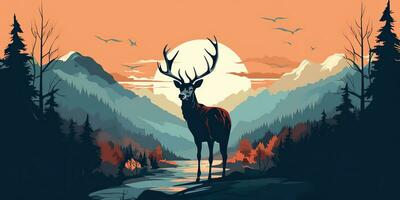 AI Generated. AI Generative. Nature outdoor forest mountain deer animal background. Adventure trekking hunting landscape background poster. Graphic Art photo