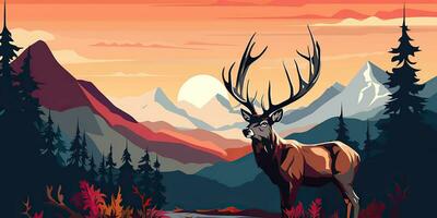 AI Generated. AI Generative. Nature outdoor forest mountain deer animal background. Adventure trekking hunting landscape background poster. Graphic Art photo