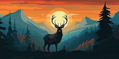 AI Generated. AI Generative. Nature outdoor forest mountain deer animal background. Adventure trekking hunting landscape background poster. Graphic Art photo