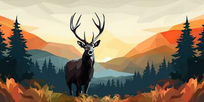 AI Generated. AI Generative. Nature outdoor forest mountain deer animal background. Adventure trekking hunting landscape background poster. Graphic Art photo