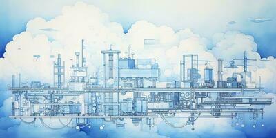 AI Generated. AI Generative. Abstract geometric factory pipeline industry drawing background in blue clouds. Graphic Art photo