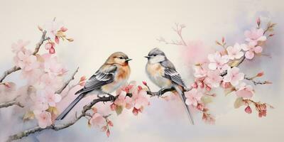 AI Generated. AI Generative. Romantic beautiful bird sitting on branch tree. Oil paint draw watercolor nature background. Graphic Art photo