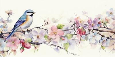 AI Generated. AI Generative. Romantic beautiful bird sitting on branch tree. Oil paint draw watercolor nature background. Graphic Art photo