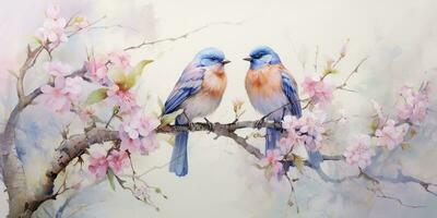 ai generado. ai generativo. romántico hermosa pájaro sentado en rama árbol. petróleo pintar dibujar acuarela naturaleza antecedentes. gráfico Arte foto