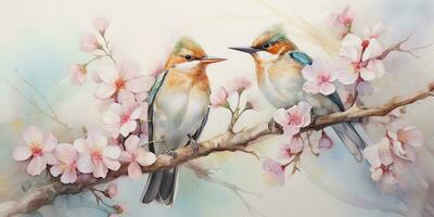 ai generado. ai generativo. romántico hermosa pájaro sentado en rama árbol. petróleo pintar dibujar acuarela naturaleza antecedentes. gráfico Arte foto