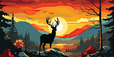 AI Generated. AI Generative. Nature outdoor forest mountain deer animal background. Adventure trekking hunting landscape background poster. Graphic Art photo