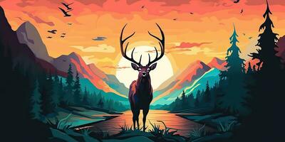 AI Generated. AI Generative. Nature outdoor forest mountain deer animal background. Adventure trekking hunting landscape background poster. Graphic Art photo