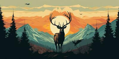 AI Generated. AI Generative. Nature outdoor forest mountain deer animal background. Adventure trekking hunting landscape background poster. Graphic Art photo