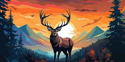 AI Generated. AI Generative. Nature outdoor forest mountain deer animal background. Adventure trekking hunting landscape background poster. Graphic Art photo