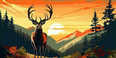 AI Generated. AI Generative. Nature outdoor forest mountain deer animal background. Adventure trekking hunting landscape background poster. Graphic Art photo