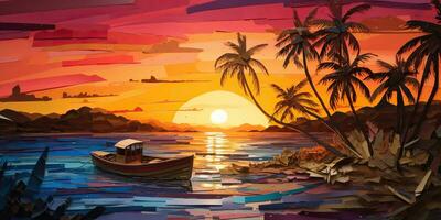 AI Generated. AI Generative. Sunset island tropical paradise palms sea ocean vacation boat sail poster. Oil draw paint paper watercolor graphic style. Graphic Art photo