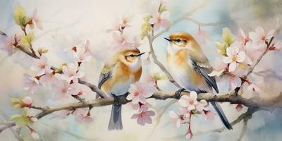 AI Generated. AI Generative. Romantic beautiful bird sitting on branch tree. Oil paint draw watercolor nature background. Graphic Art photo