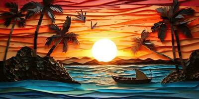 AI Generated. AI Generative. Sunset island tropical paradise palms sea ocean vacation boat sail poster. Oil draw paint paper watercolor graphic style. Graphic Art photo