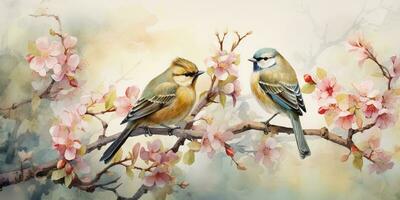 AI Generated. AI Generative. Romantic beautiful bird sitting on branch tree. Oil paint draw watercolor nature background. Graphic Art photo