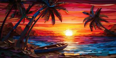 AI Generated. AI Generative. Sunset island tropical paradise palms sea ocean vacation boat sail poster. Oil draw paint paper watercolor graphic style. Graphic Art photo