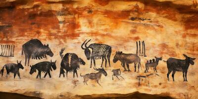 AI Generated. AI Generative. Primitive historical stone cave wall drawing art of animals hunting. Graphic Art photo