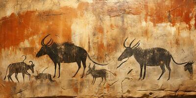 AI Generated. AI Generative. Primitive historical stone cave wall drawing art of animals hunting. Graphic Art photo