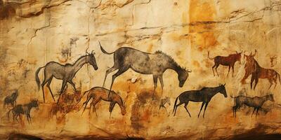 AI Generated. AI Generative. Primitive historical stone cave wall drawing art of animals hunting. Graphic Art photo