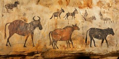 AI Generated. AI Generative. Primitive historical stone cave wall drawing art of animals hunting. Graphic Art photo