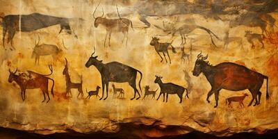 AI Generated. AI Generative. Primitive historical stone cave wall drawing art of animals hunting. Graphic Art photo