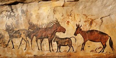 AI Generated. AI Generative. Primitive historical stone cave wall drawing art of animals hunting. Graphic Art photo