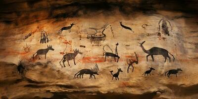 AI Generated. AI Generative. Primitive historical stone cave wall drawing art of animals hunting. Graphic Art photo