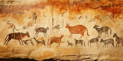 AI Generated. AI Generative. Primitive historical stone cave wall drawing art of animals hunting. Graphic Art photo