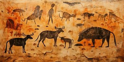 AI Generated. AI Generative. Primitive historical stone cave wall drawing art of animals hunting. Graphic Art photo