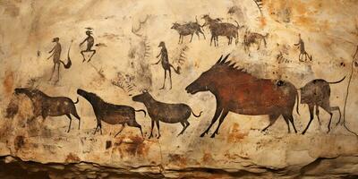 AI Generated. AI Generative. Primitive historical stone cave wall drawing art of animals hunting. Graphic Art photo