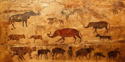 AI Generated. AI Generative. Primitive historical stone cave wall drawing art of animals hunting. Graphic Art photo