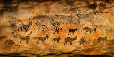 AI Generated. AI Generative. Primitive historical stone cave wall drawing art of animals hunting. Graphic Art photo