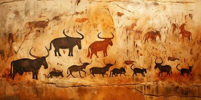 AI Generated. AI Generative. Primitive historical stone cave wall drawing art of animals hunting. Graphic Art photo