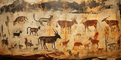 AI Generated. AI Generative. Primitive historical stone cave wall drawing art of animals hunting. Graphic Art photo