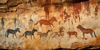 AI Generated. AI Generative. Primitive historical stone cave wall drawing art of animals hunting. Graphic Art photo