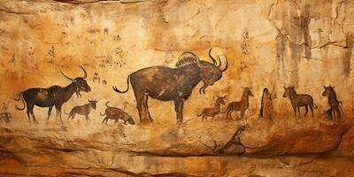 AI Generated. AI Generative. Primitive historical stone cave wall drawing art of animals hunting. Graphic Art photo