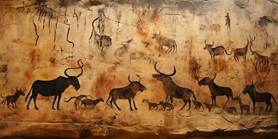 AI Generated. AI Generative. Primitive historical stone cave wall drawing art of animals hunting. Graphic Art photo