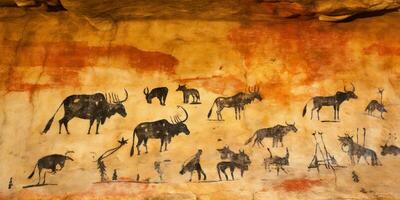 AI Generated. AI Generative. Primitive historical stone cave wall drawing art of animals hunting. Graphic Art photo