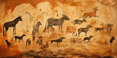 AI Generated. AI Generative. Primitive historical stone cave wall drawing art of animals hunting. Graphic Art photo