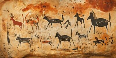 AI Generated. AI Generative. Primitive historical stone cave wall drawing art of animals hunting. Graphic Art photo