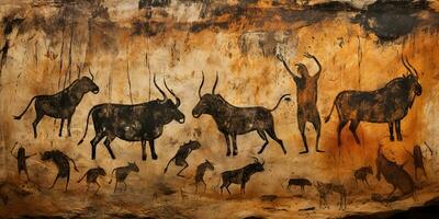 AI Generated. AI Generative. Primitive historical stone cave wall drawing art of animals hunting. Graphic Art photo